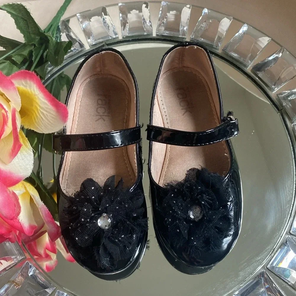 Black Patent Leather Mary Hanes With Embellished Mesh Flower 9M